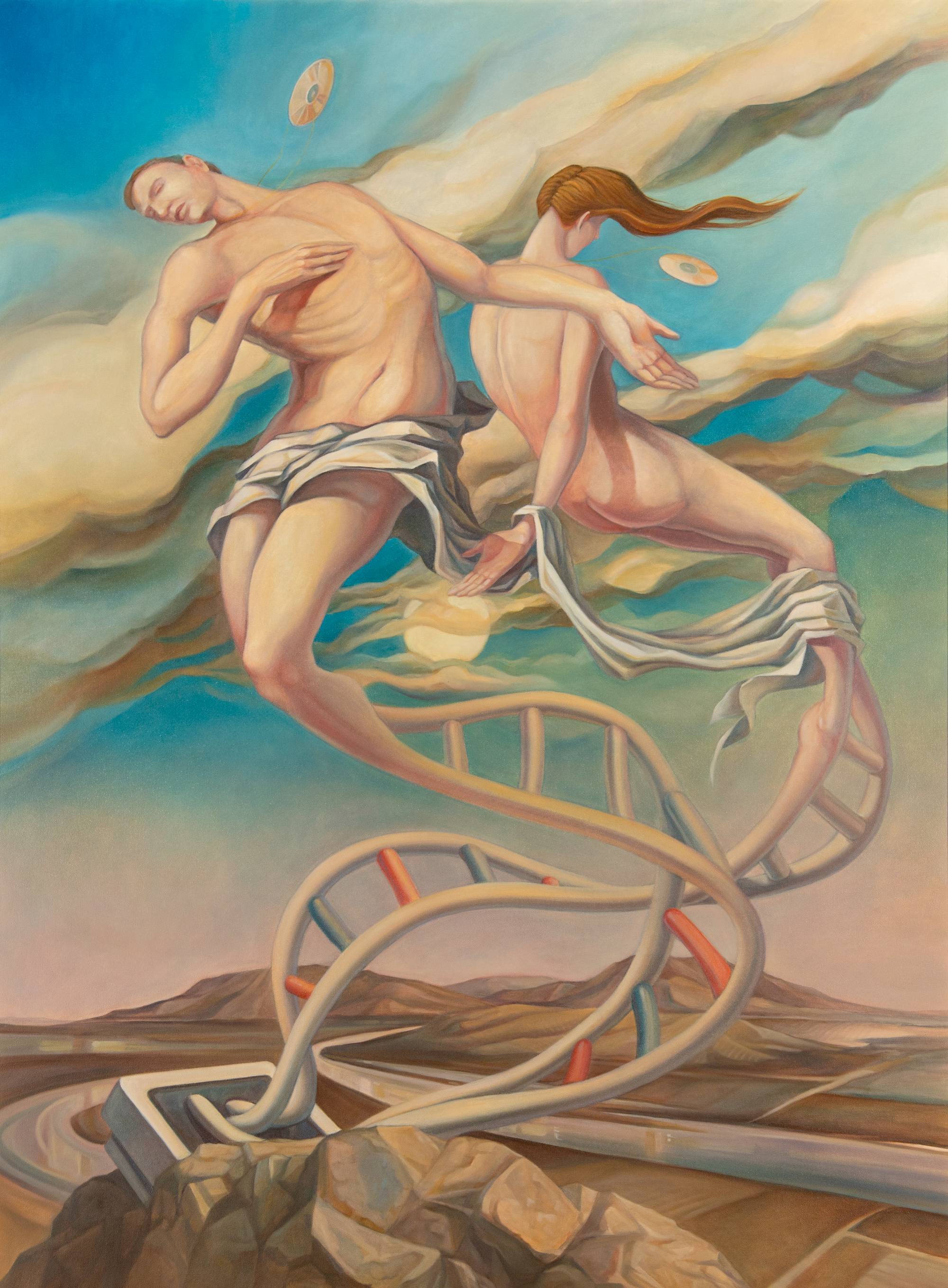 Landscape painting in the background with two figures twisting around DNA structure.